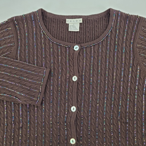 Zelda Sweaters - Zelda Womens Small Brown Beaded Cable Knit Cardigan Sweater Rayon Cotton Blend